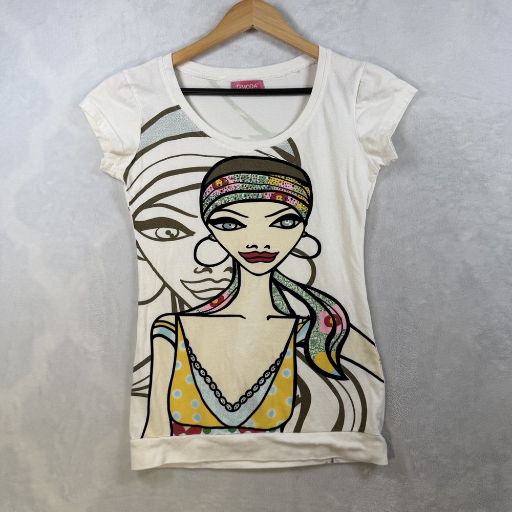 Vintage Y2K White Printed Cotton Casual Summer Beaded Glitter Size M Blouse Top